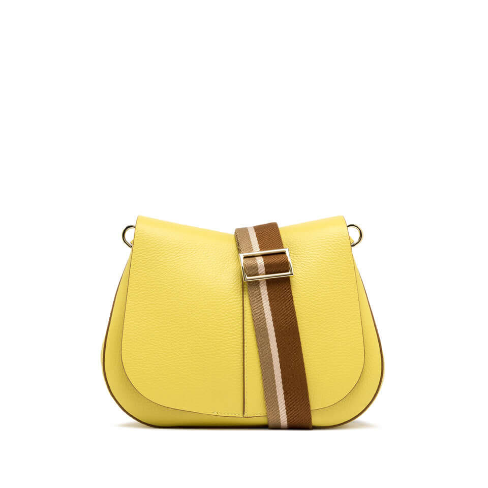 Yellow structured leather bag with a brown striped strap, featuring a chic contemporary design.
