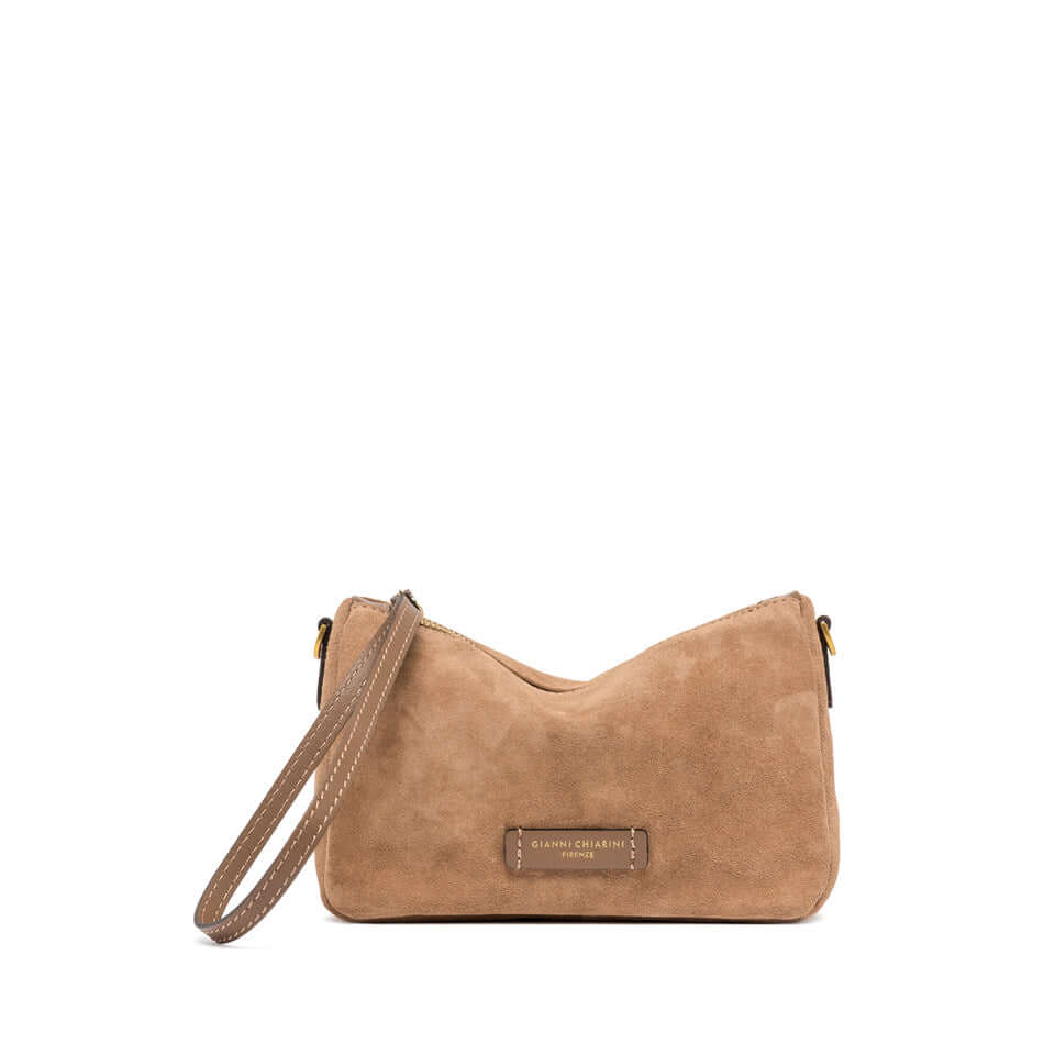 NORA POUCH by Gianni Chiarini in soft suede with removable wrist strap and adjustable shoulder strap.