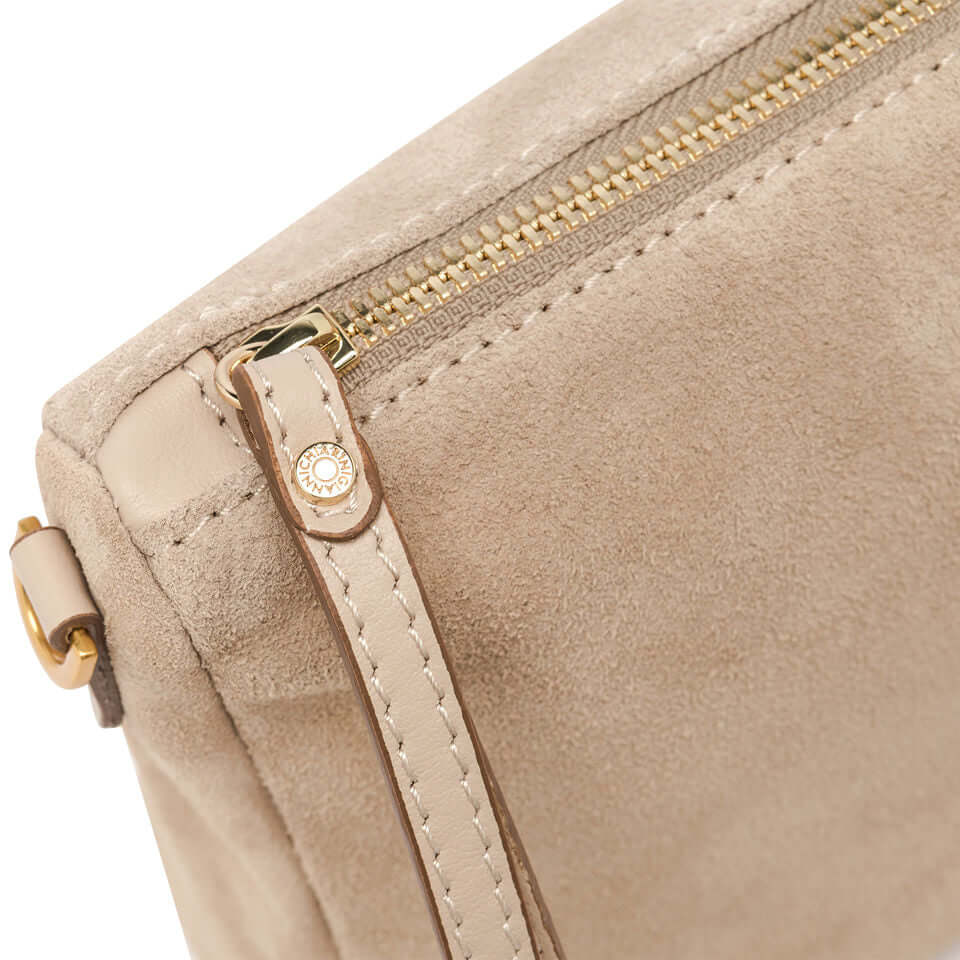 NORA POUCH by Gianni Chiarini, suede handbag close-up with zipper detail, ideal for online sale.