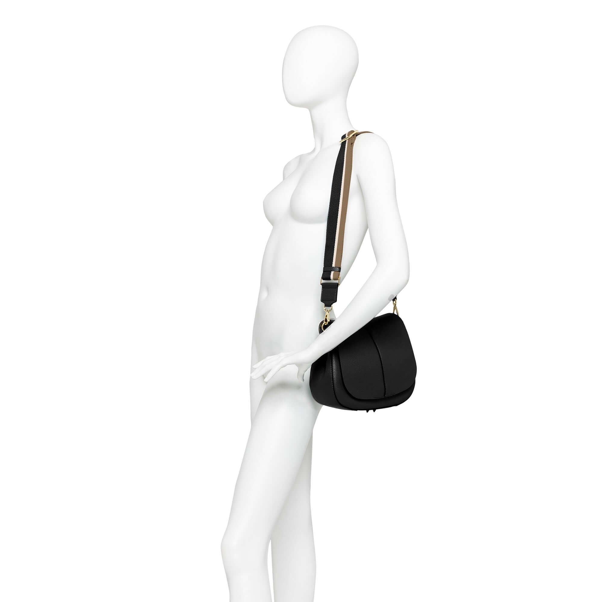 Helena Round bag by Gianni Chiarini, black structured leather design with adjustable strap, displayed on mannequin.