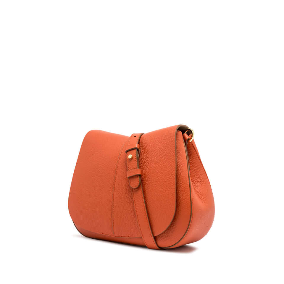 Helena Round handbag in textured leather, stylish design, featuring a shoulder strap and double compartment.