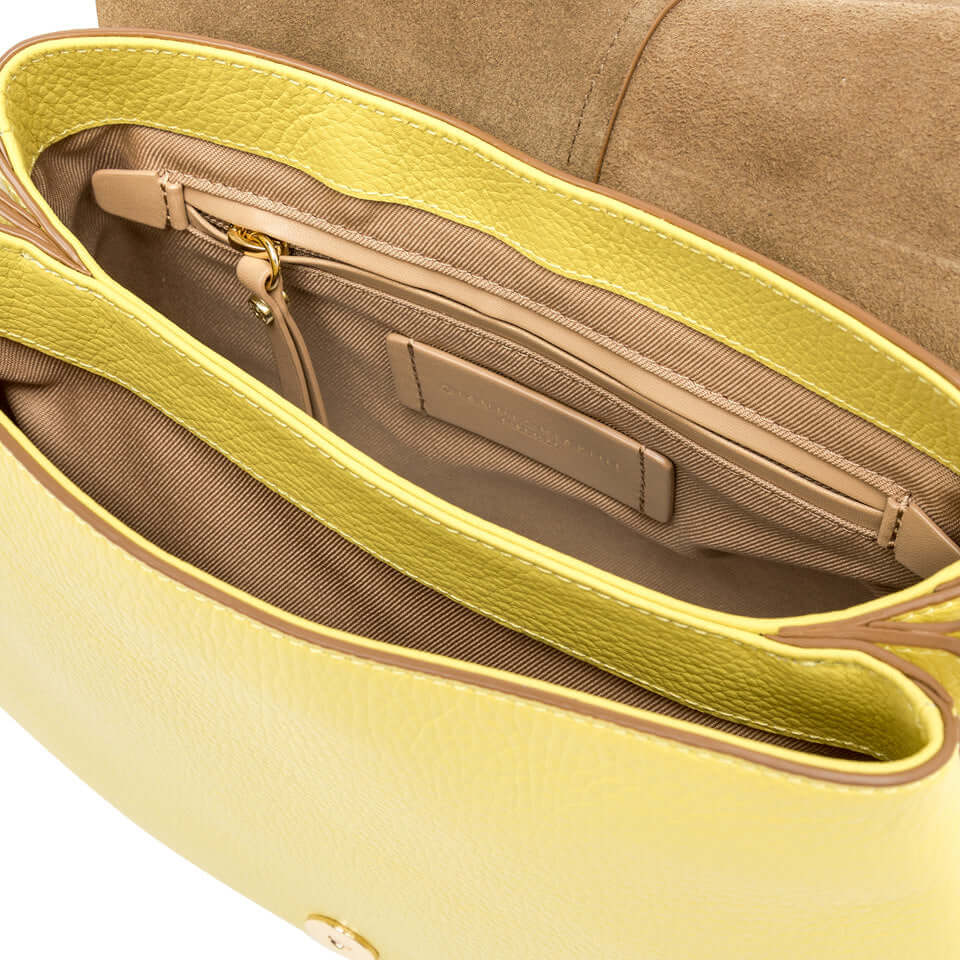 Interior view of Gianni Chiarini Helena Round bag, featuring double compartments and zipper pocket in chic yellow leather.