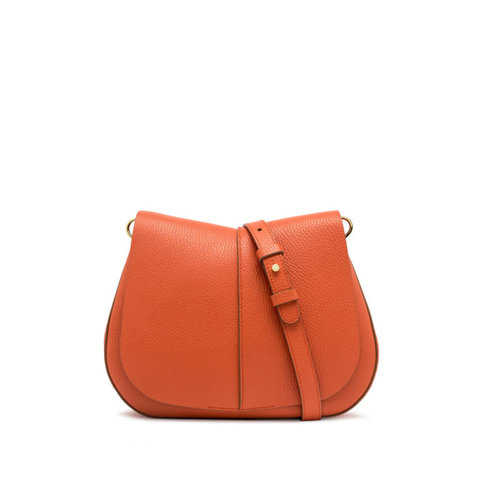 Helena Round handbag by Gianni Chiarini, structured design in orange textured leather with adjustable strap.