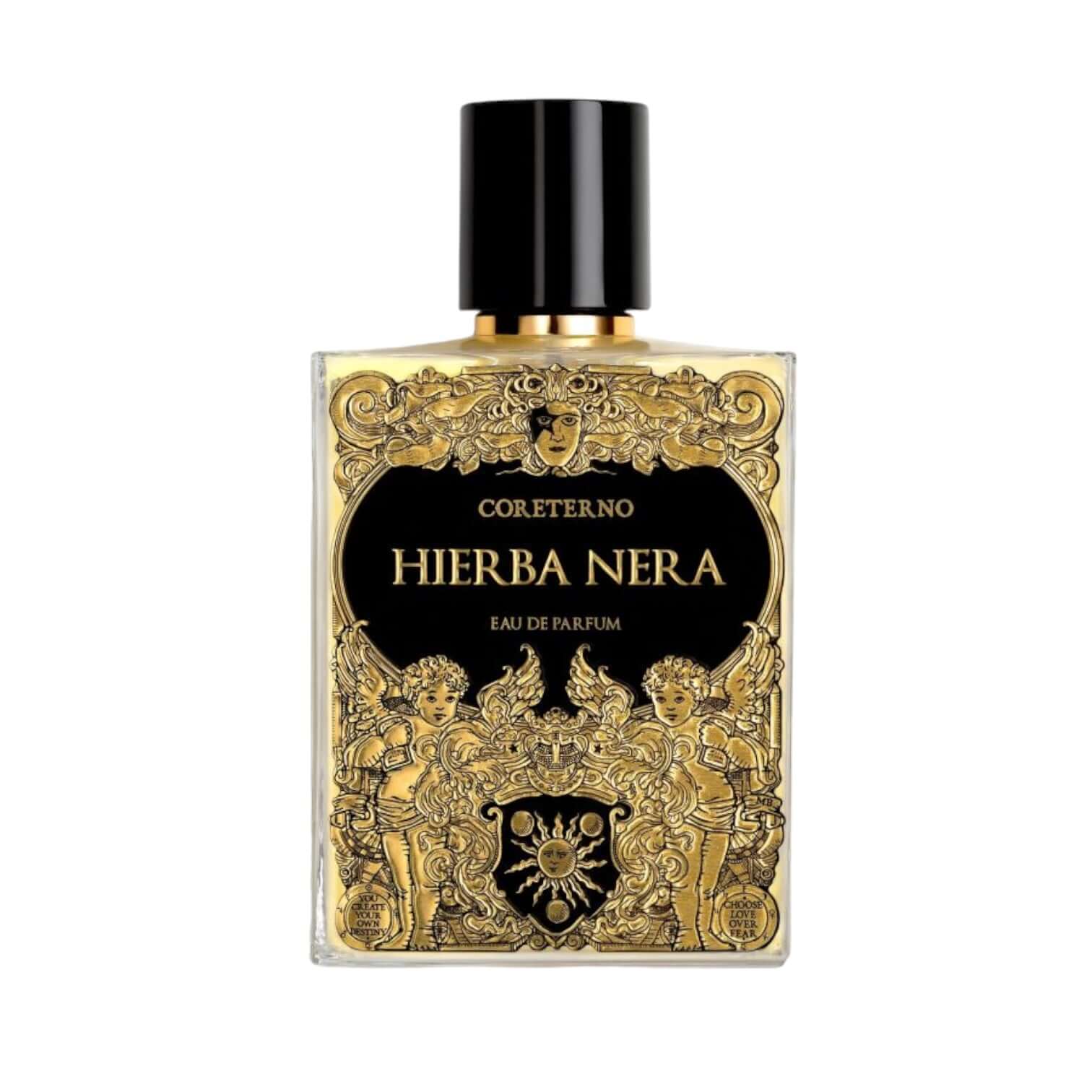 Bottle of Hierba Nera Eau De Parfum with ornate gold and black design, depicting floral and mythical elements.