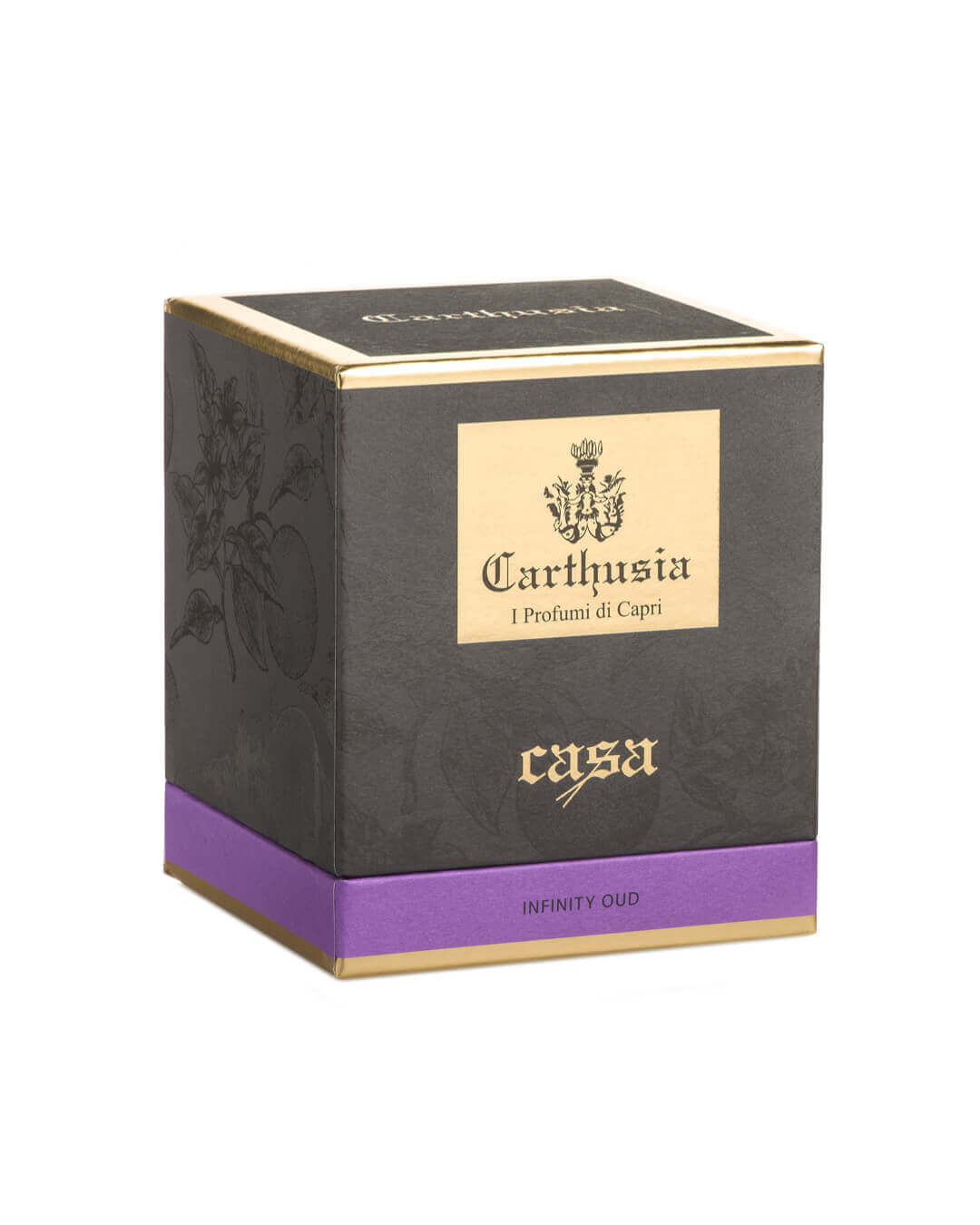 Luxury Infinity Oud Candela packaging by Carthusia, featuring elegant design and Mediterranean-inspired elements.