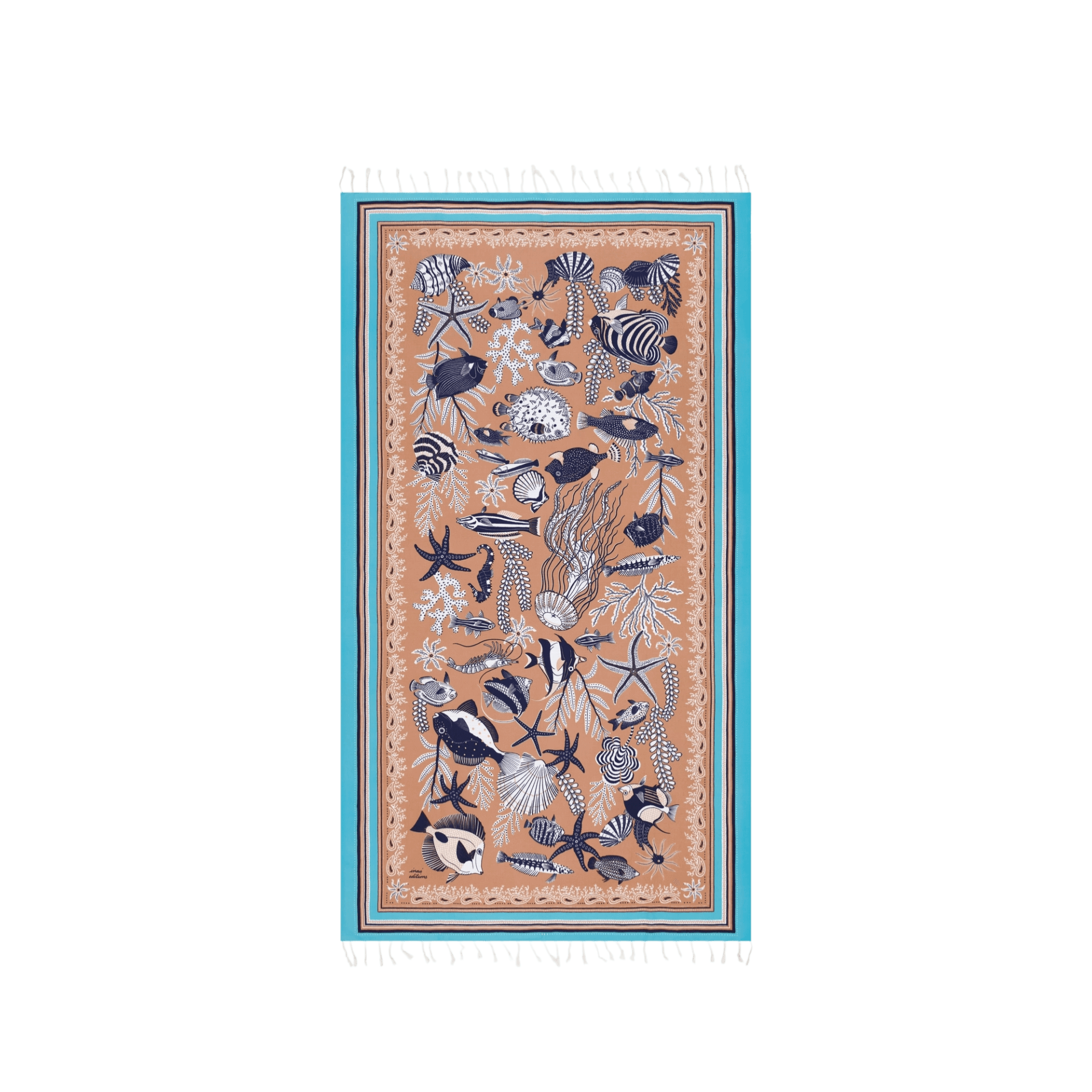 asciugamano da spiaggia in cotone con motivi marini e bordi colorati.