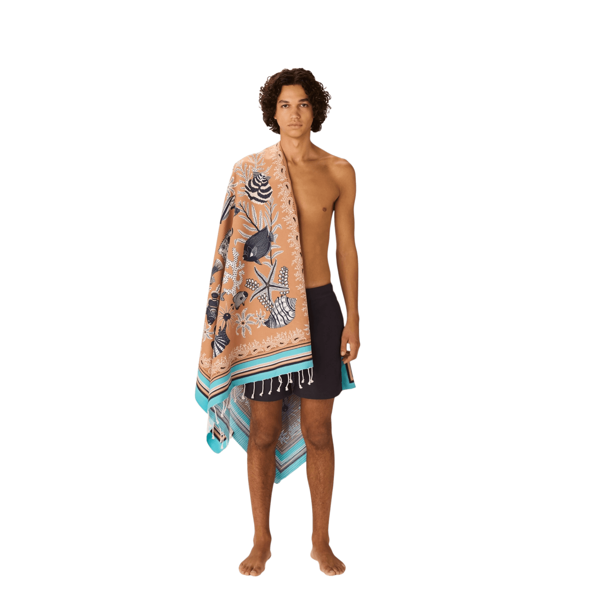 Uomo che indossa un asciugamano da spiaggia in cotone colorato, con motivo floreale, perfetto per l'estate.