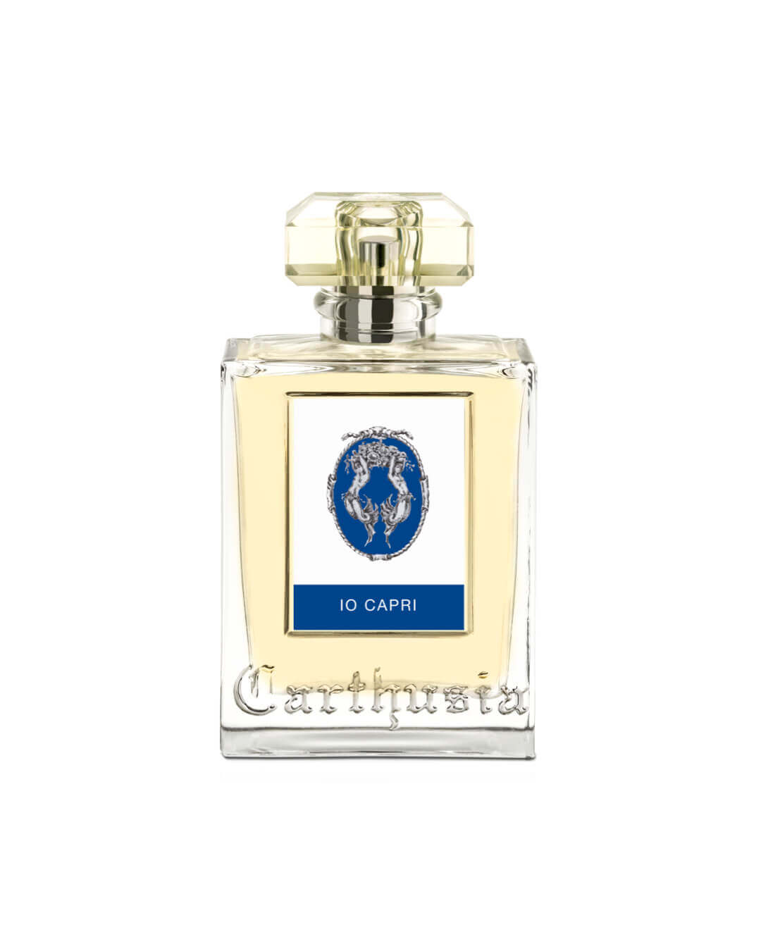 Bottle of Io Capri Eau De Parfum featuring fig and tea notes, elegant fragrance in clear glass design.
