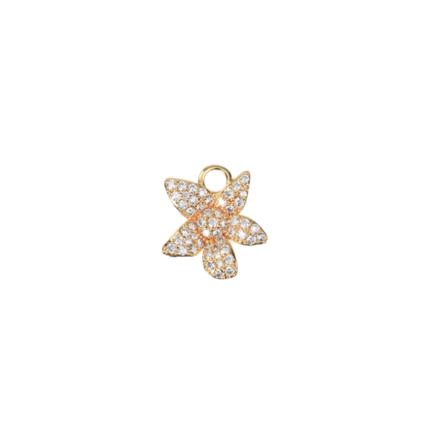 Karoline Charm gold-plated brass pendant, floral design adorned with sparkling crystals, elegant jewelry accessory.