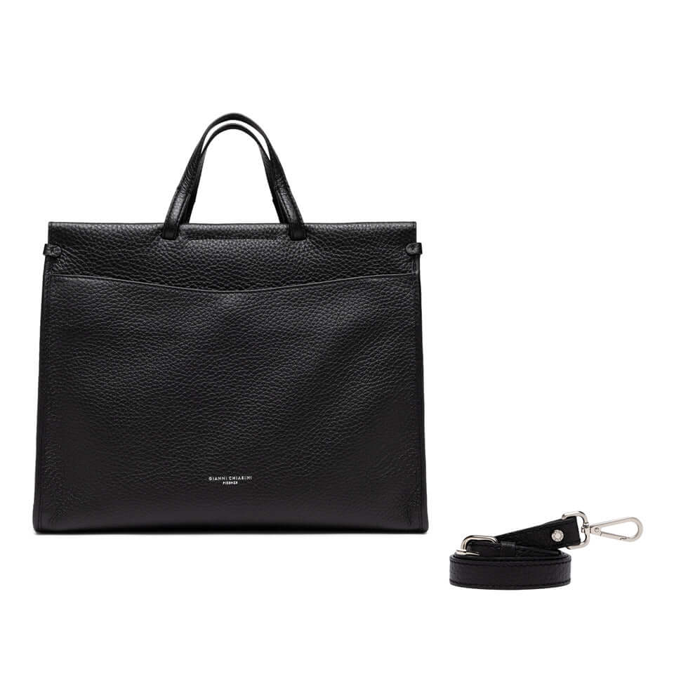 Lavinia black leather work bag by Gianni Chiarini, featuring dual handles and adjustable crossbody strap.