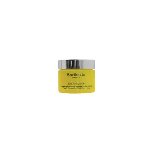 Lemon Garden Night Face Cream by Carthusia in yellow jar for anti-aging and intense hydration.