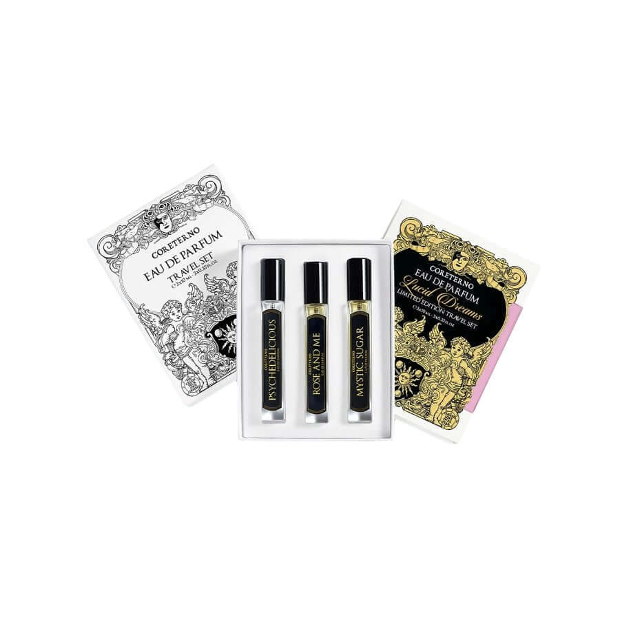Lucid Dreams limited edition travel set featuring three Eau De Parfum vials: Psychedelicious, Rose and Me, Mystic Sugar.