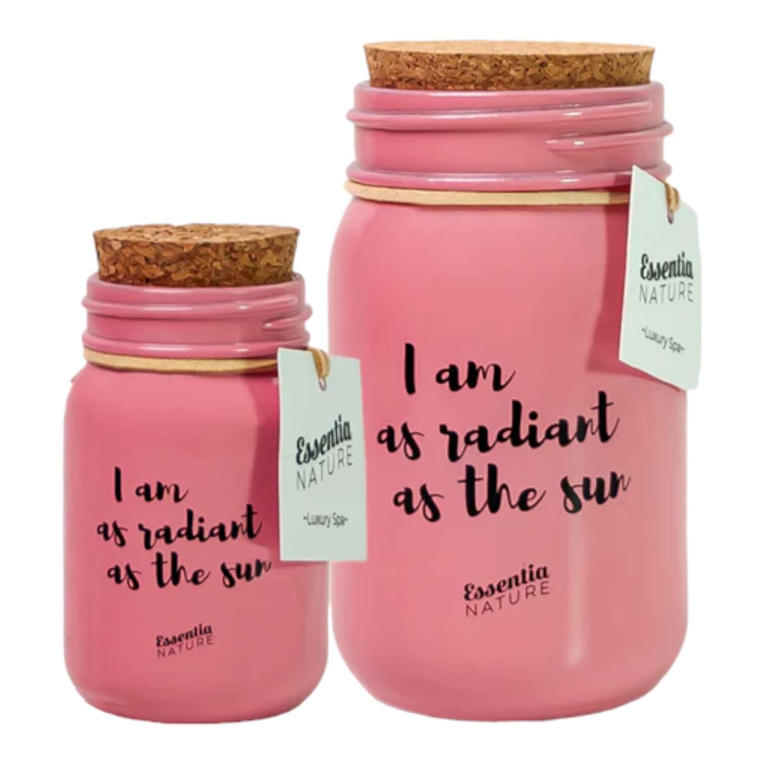 Luxury Spa Candela from Essentia Nature in pink jars with cork lids, featuring uplifting quote.