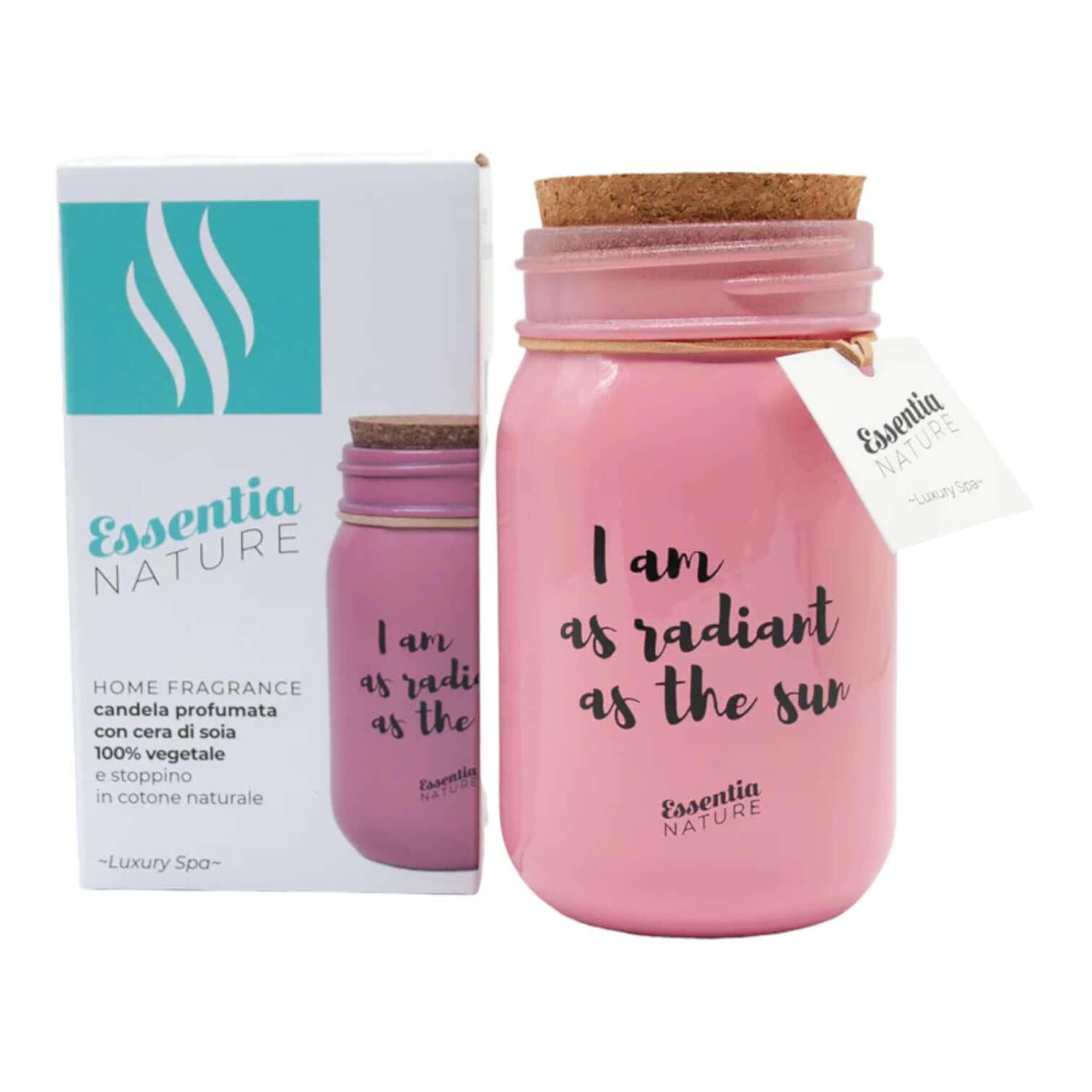 Luxury Spa Candela by Essentia Nature in pink jar with natural cork, 100% soy wax home fragrance.