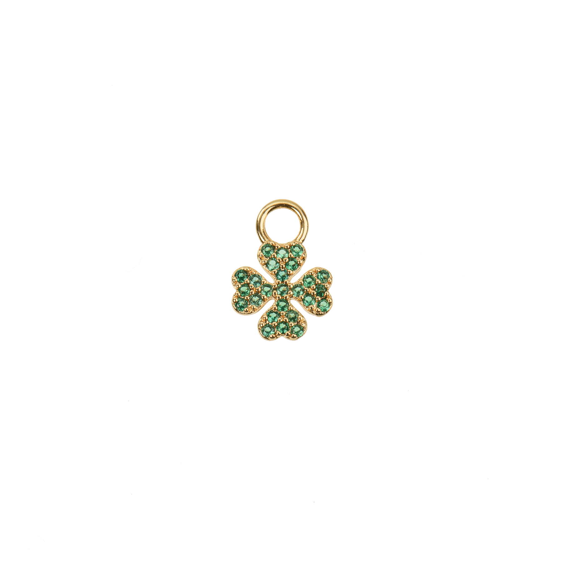 Elegant Margherita Charm Verde pendant in gold-plated brass with green stones, showcasing refined nature-inspired design.