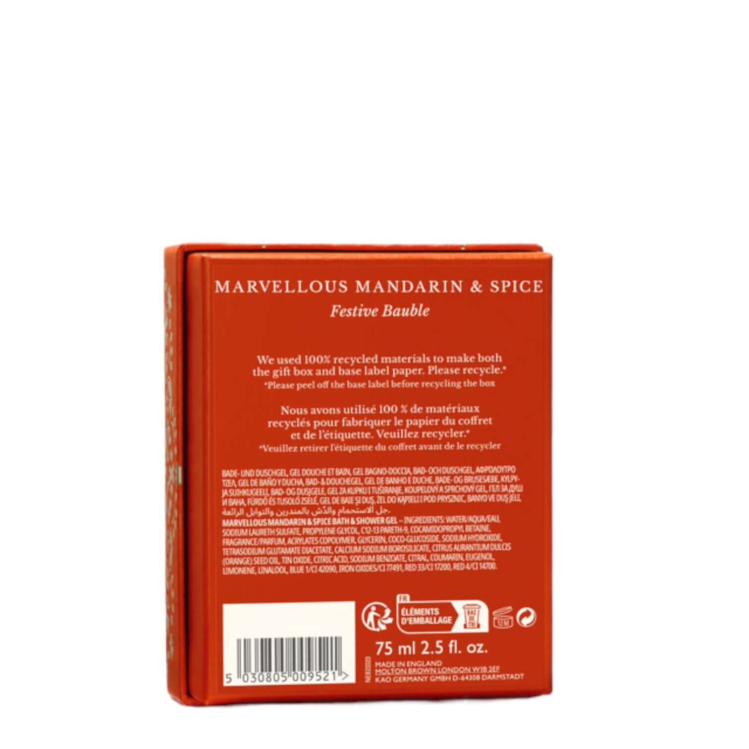 Back of Marvellous Mandarin & Spice Festive Bauble packaging featuring eco-friendly materials and festive design.