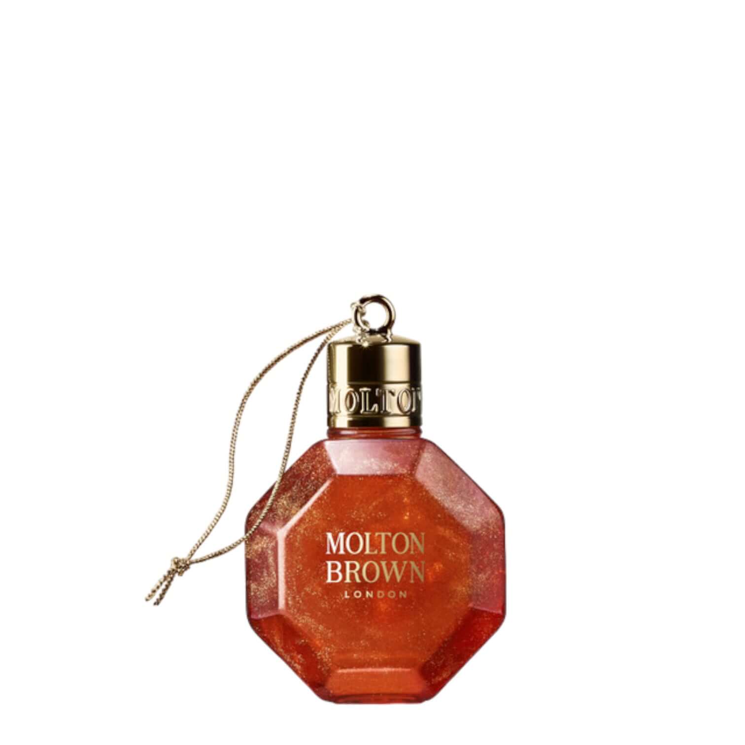 Marvellous Mandarin & Spice Festive Bauble Bagno Schiuma by Molton Brown, shimmering shower gel in festive ornament.