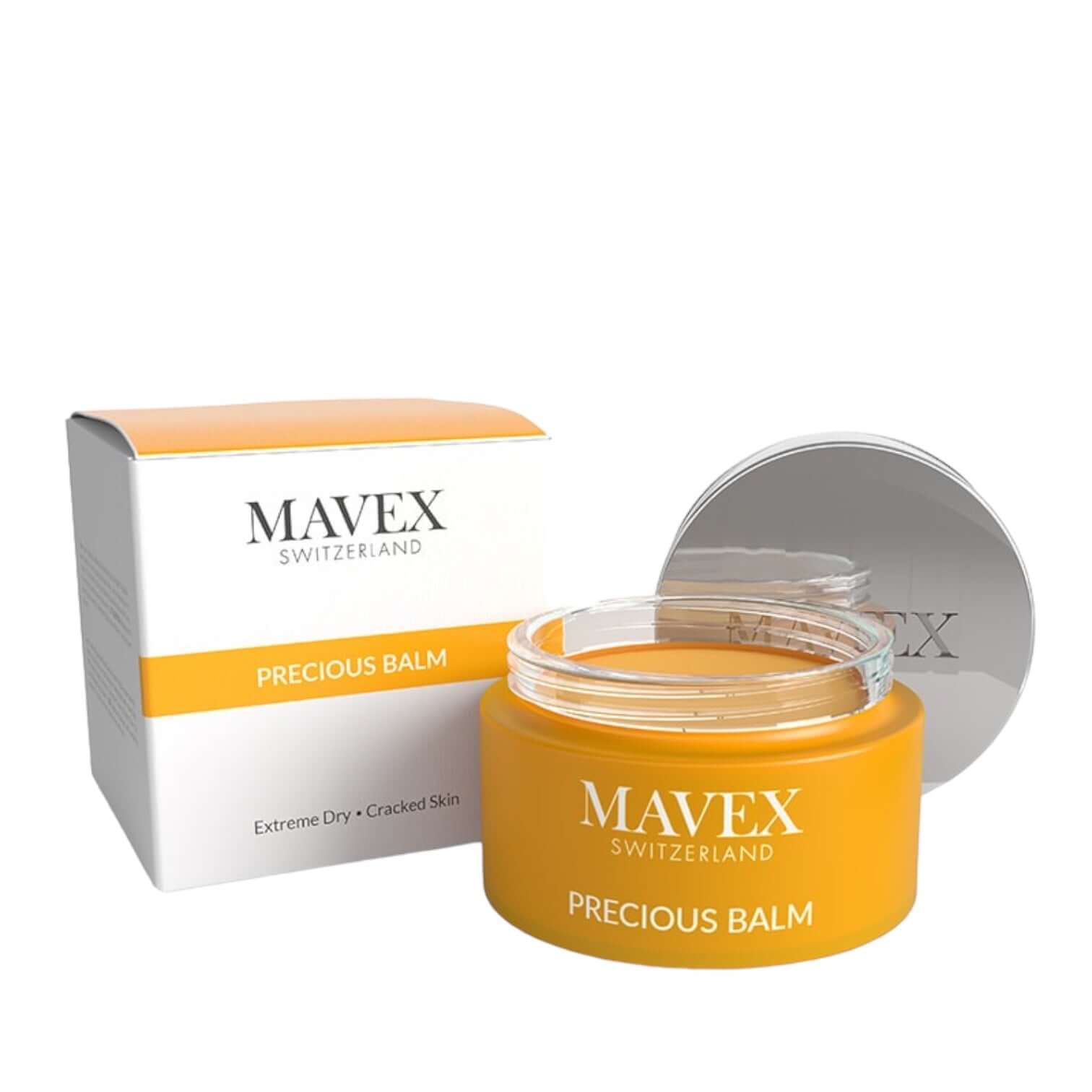 Mavex Precious Balm for extreme dry and cracked skin, in a bright yellow jar with packaging.