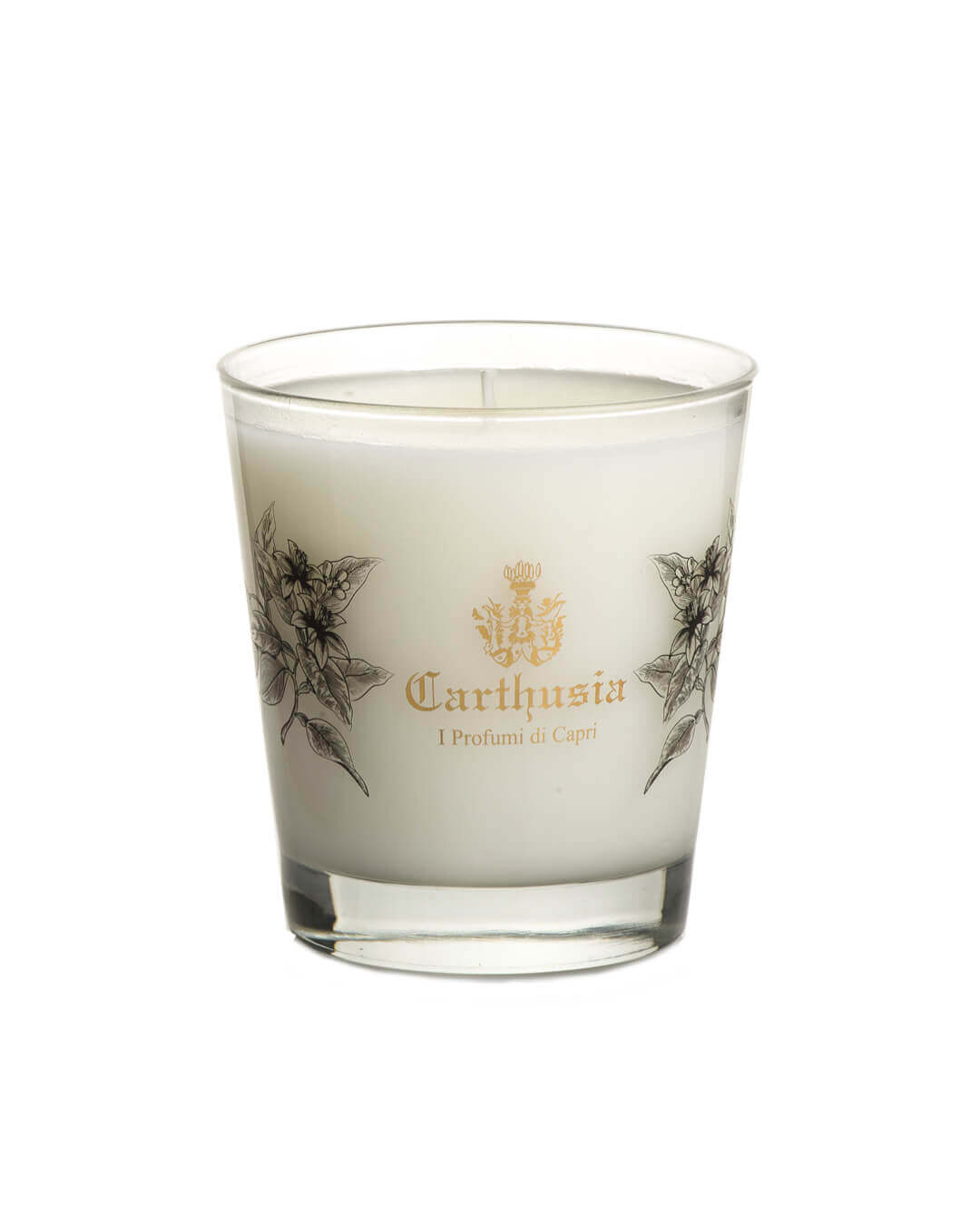Carthusia Mediterranean Oud Candela in a glass container, featuring intricate floral designs.