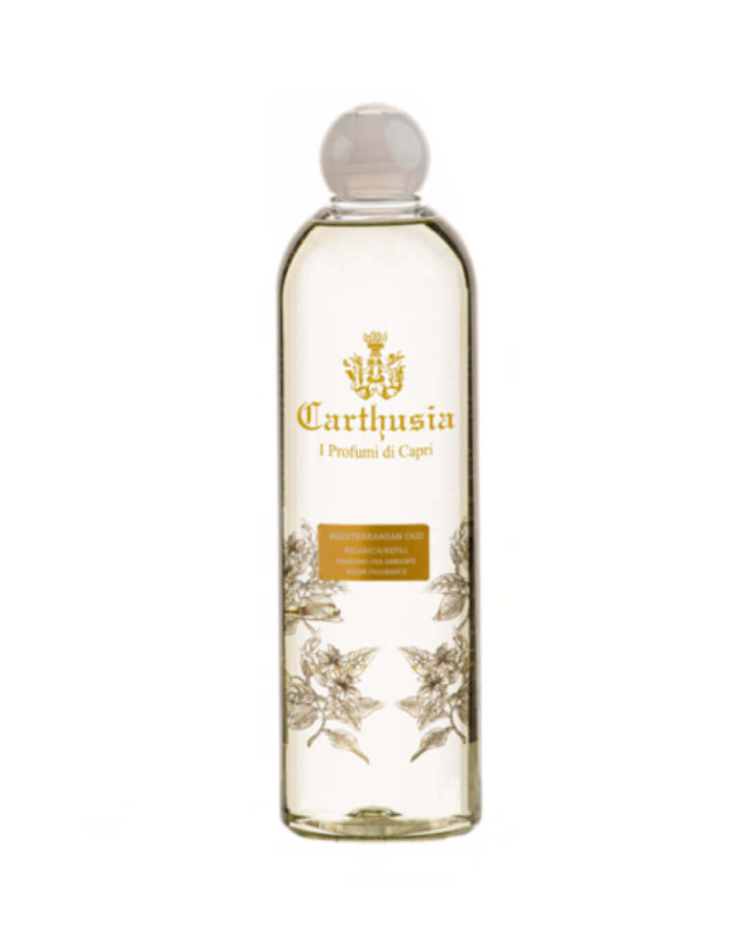 Mediterranean Oud refill bottle by Carthusia, 500 ml for refilling home fragrance products.