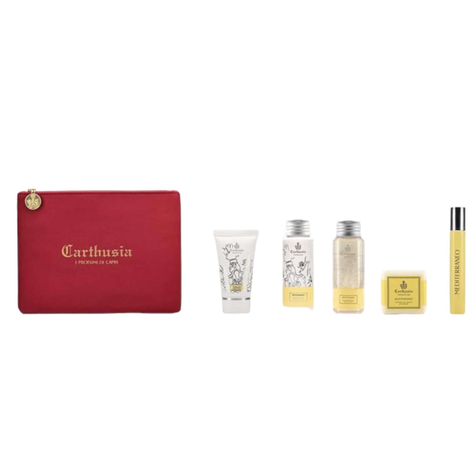 Carthusia Mediterraneo Kit: red and gold gift pouch with luxury personal care products inside.