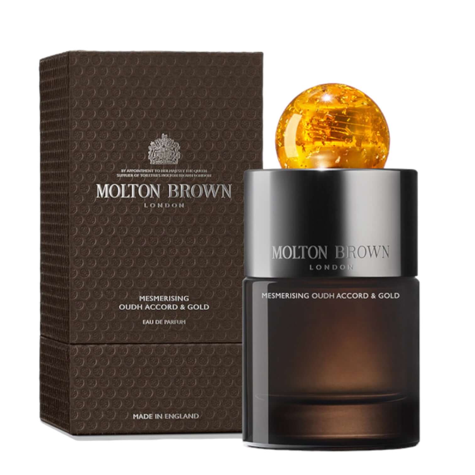 Molton Brown Mesmerising Oudh Accord & Gold Eau De Parfum in elegant packaging with golden cap.