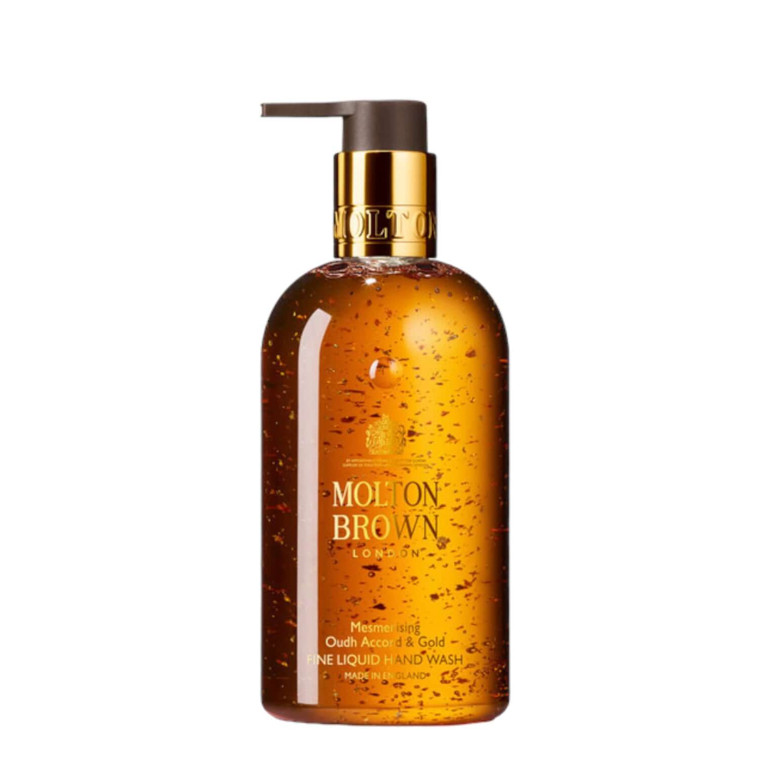 Mesmerising Oudh Accord & Gold liquid hand wash with 24k gold flakes in a stylish pump bottle, 300 ml.