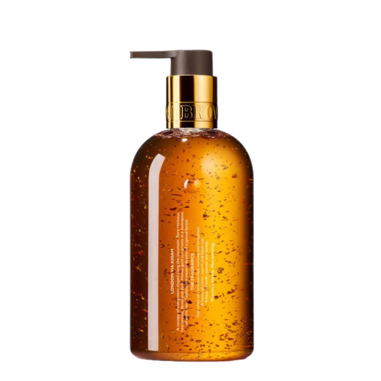 Mesmerising Oudh Accord & Gold luxurious liquid soap with real gold flakes in an elegant 300 ml bottle.
