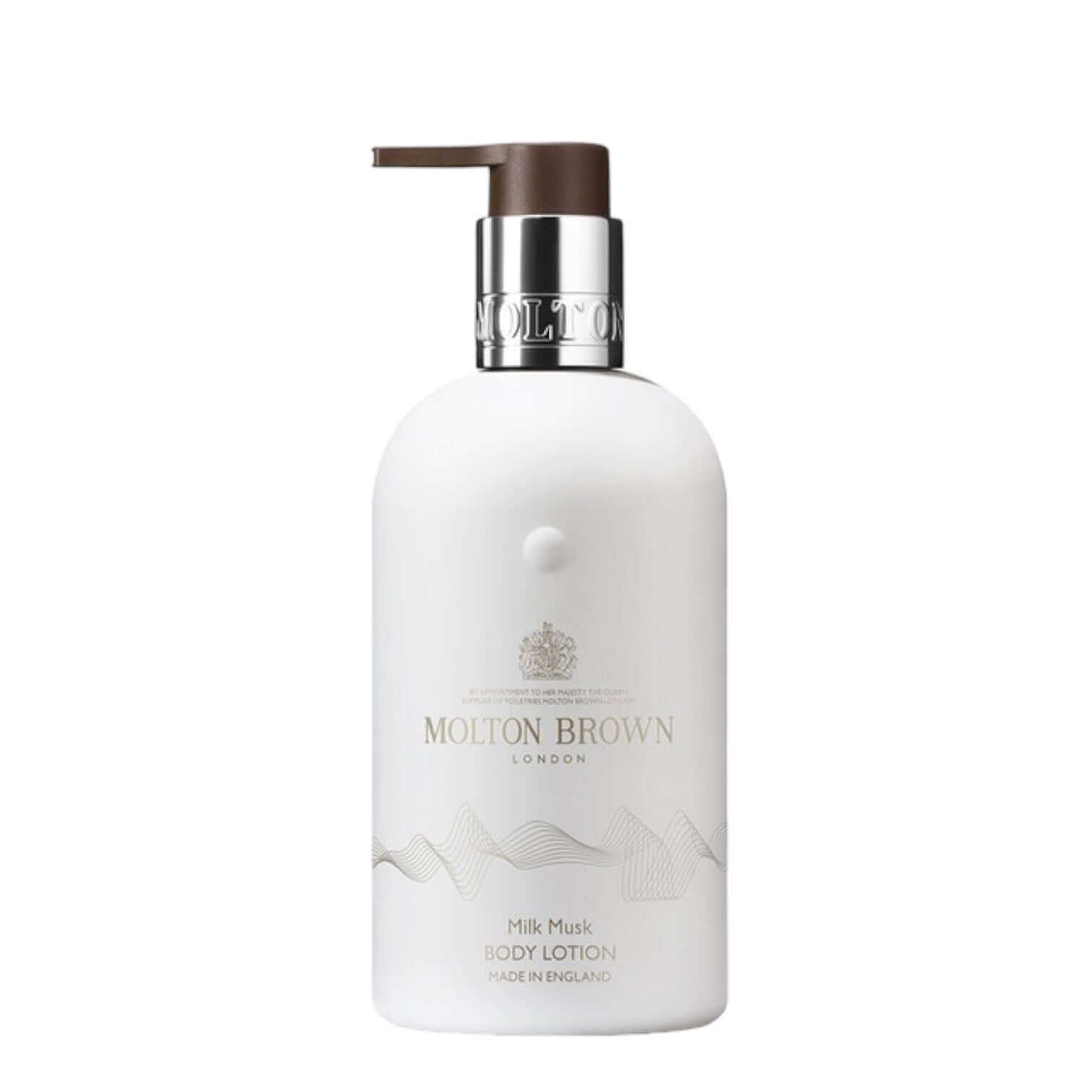 Molton Brown Milk Musk body lotion, creamy musk and nourishing notes in a 300 ml soft-touch bottle.