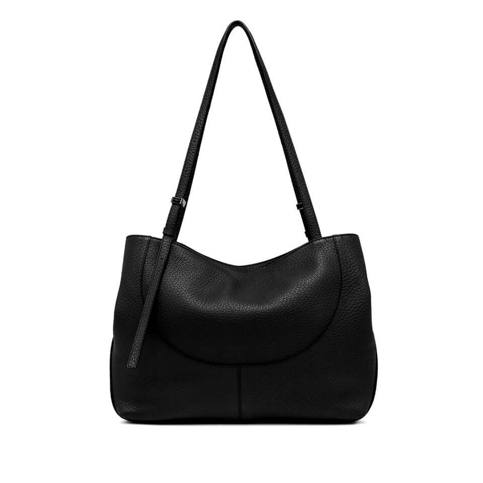 Minerva black leather handbag by Gianni Chiarini, designed for style and practicality, featuring a magnetic closure.