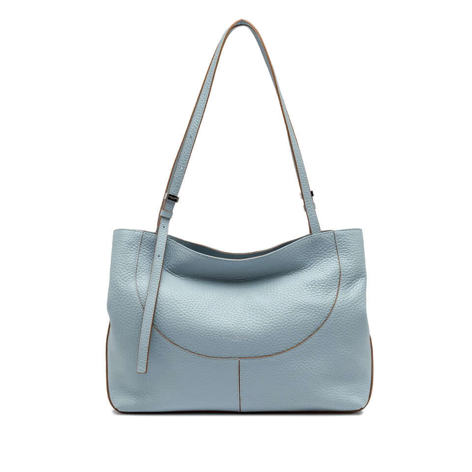 Light blue leather handbag by Gianni Chiarini, featuring a clean design, two handles, and a magnetic closure.