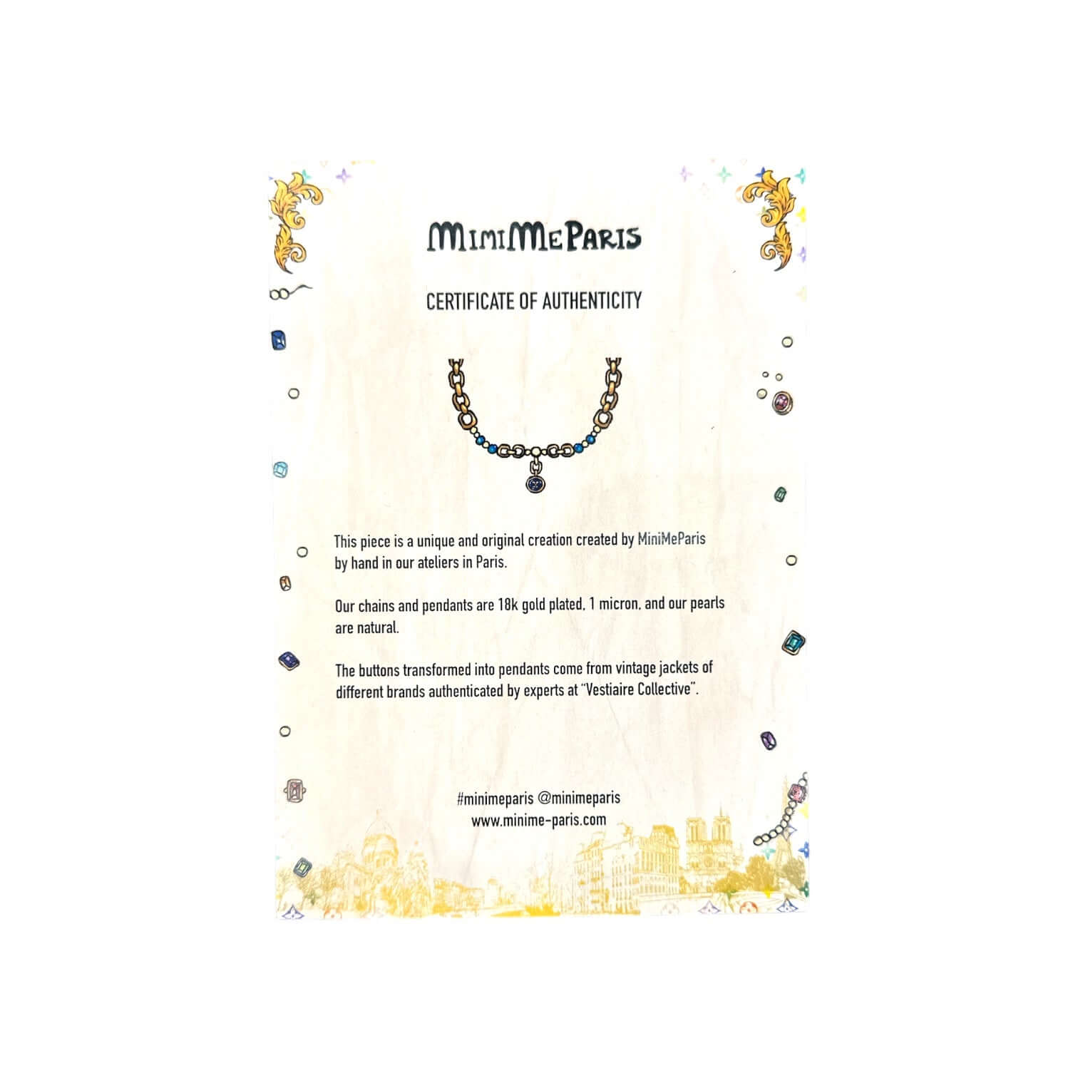 Certificate of authenticity for Minime Paris's handmade jewelry, highlighting unique materials and craftsmanship.