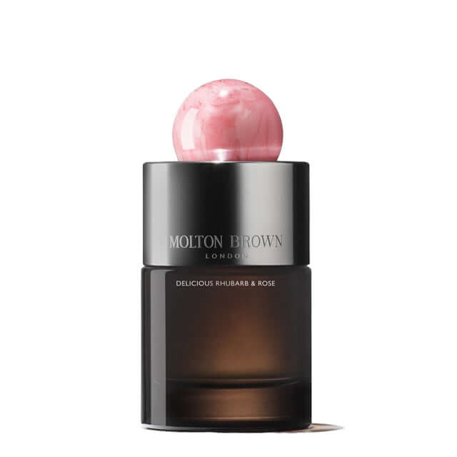 Molton Brown Delicious Rhubarb & Rose Eau de Parfum bottle with pink cap, 100 ml, elegant design.