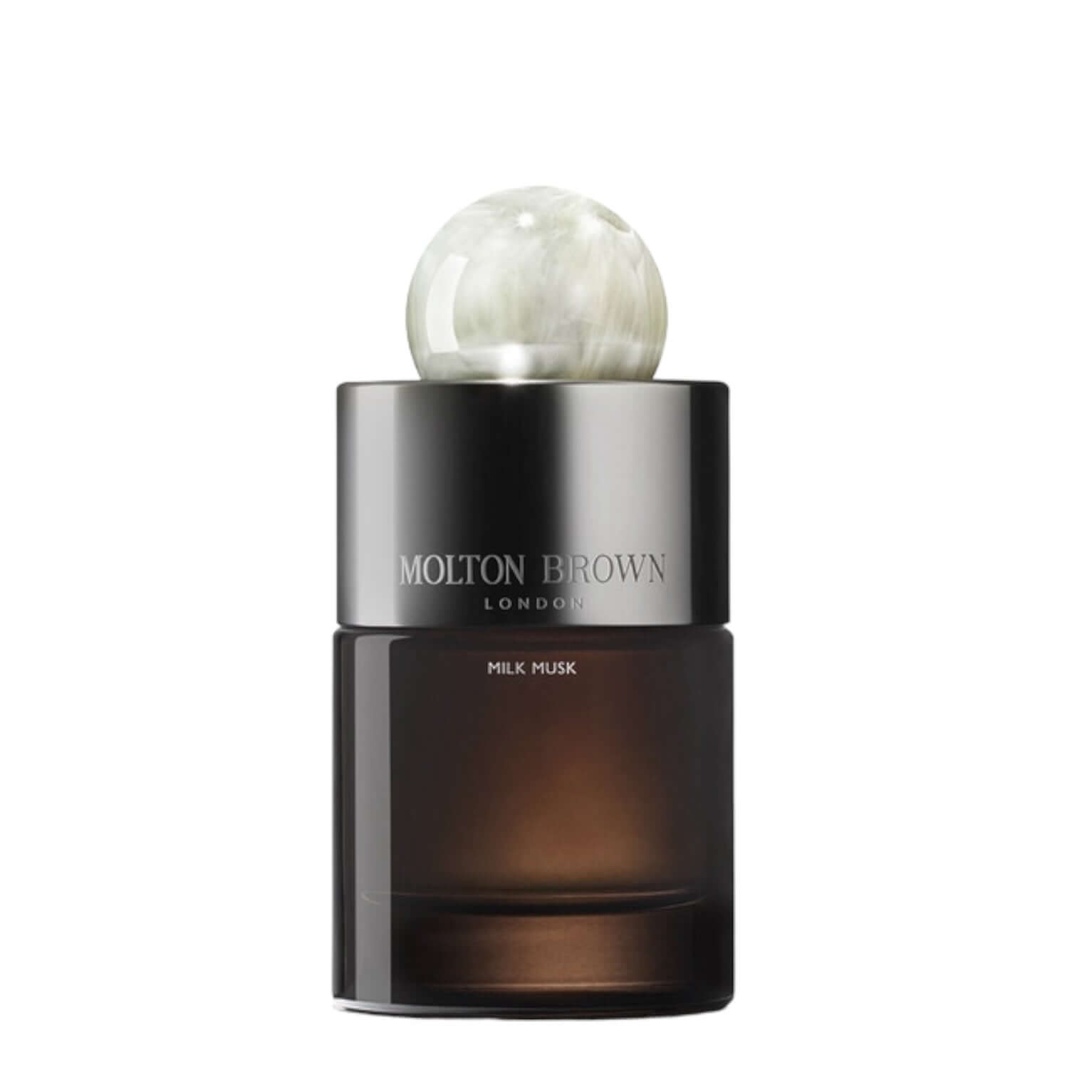 Milk Musk Eau de Parfum by Molton Brown, showcasing an elegant glass bottle with a unique resin cap.