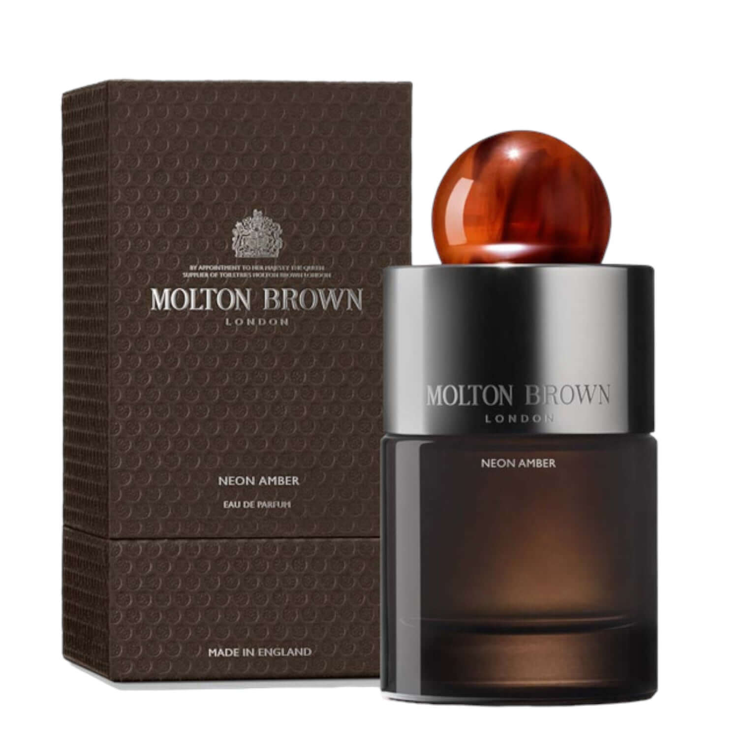 Molton Brown Neon Amber Eau de Parfum 100ml bottle and packaging, showcasing luxury fragrance.