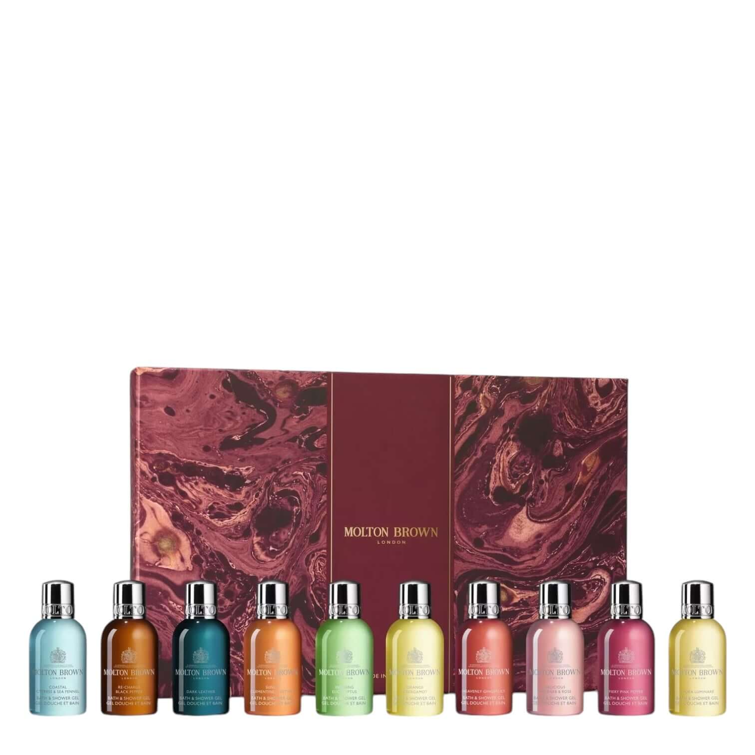 Set Regalo Molton Brown: 10 bagnoschiuma in eleganti flaconi colorati per un'esperienza di lusso.