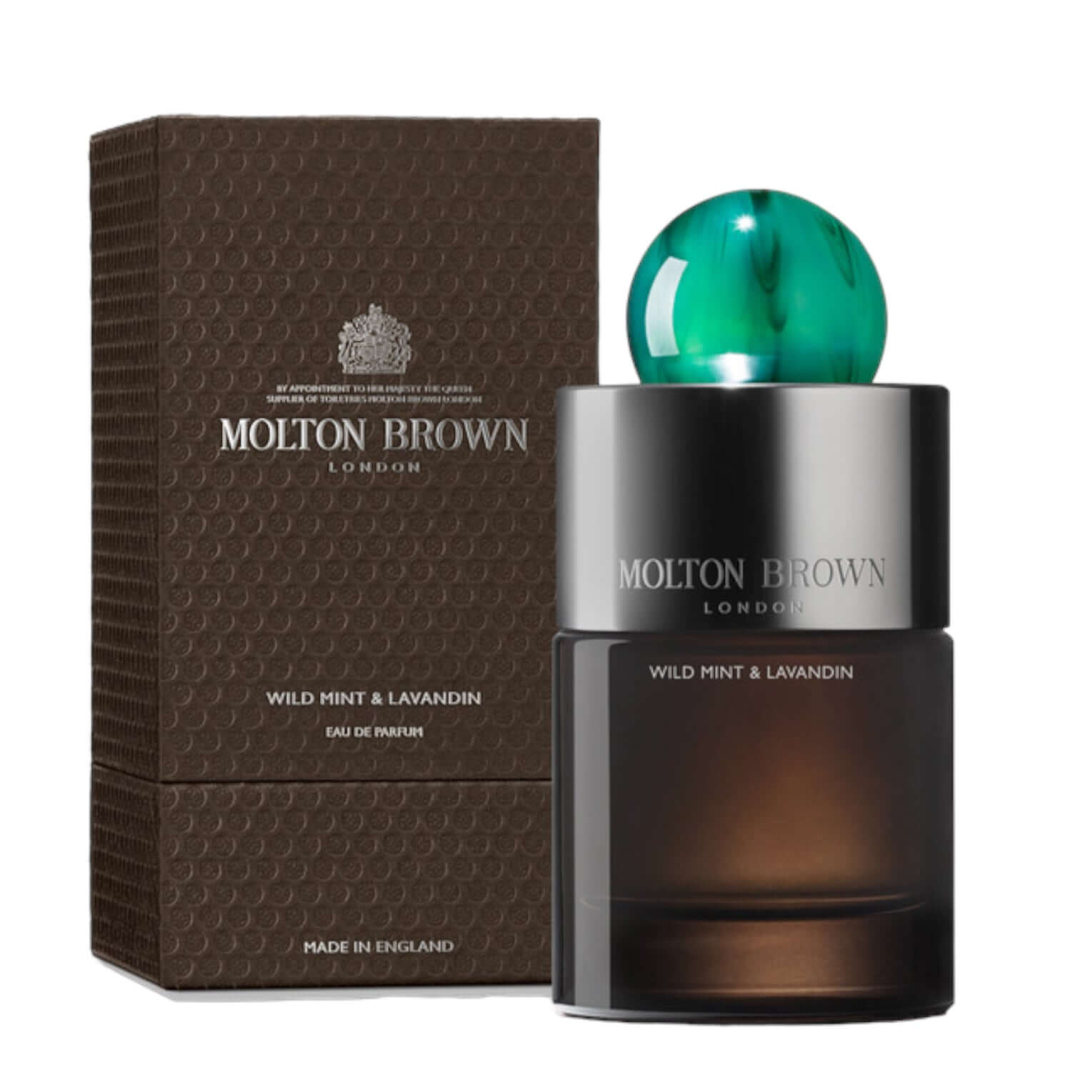 Molton Brown Wild Mint & Lavandin Eau De Parfum bottle and box, showcasing its sophisticated aromatic fragrance.