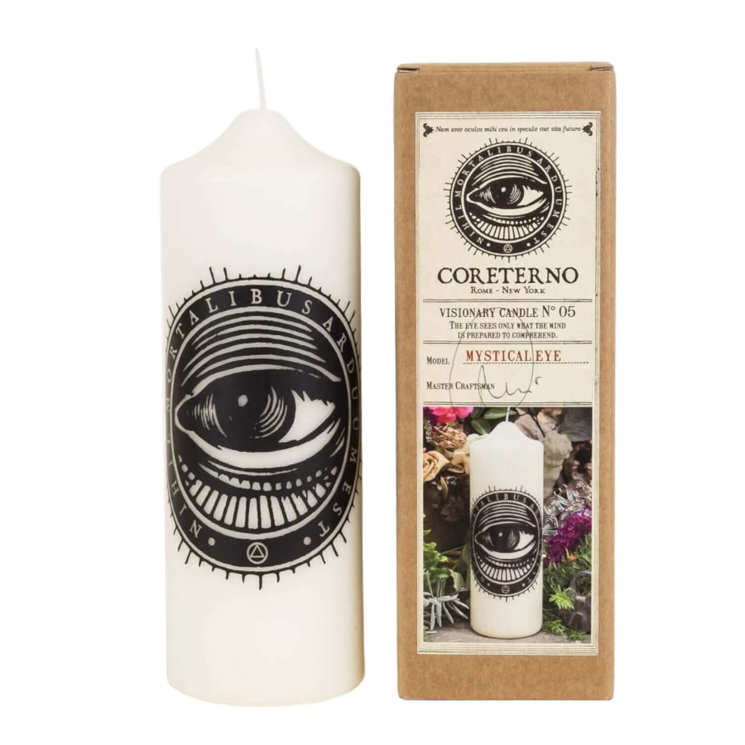 Mystical Eye Candela Artistica with black eye design and eco-friendly packaging, symbolizing protection and positivity.