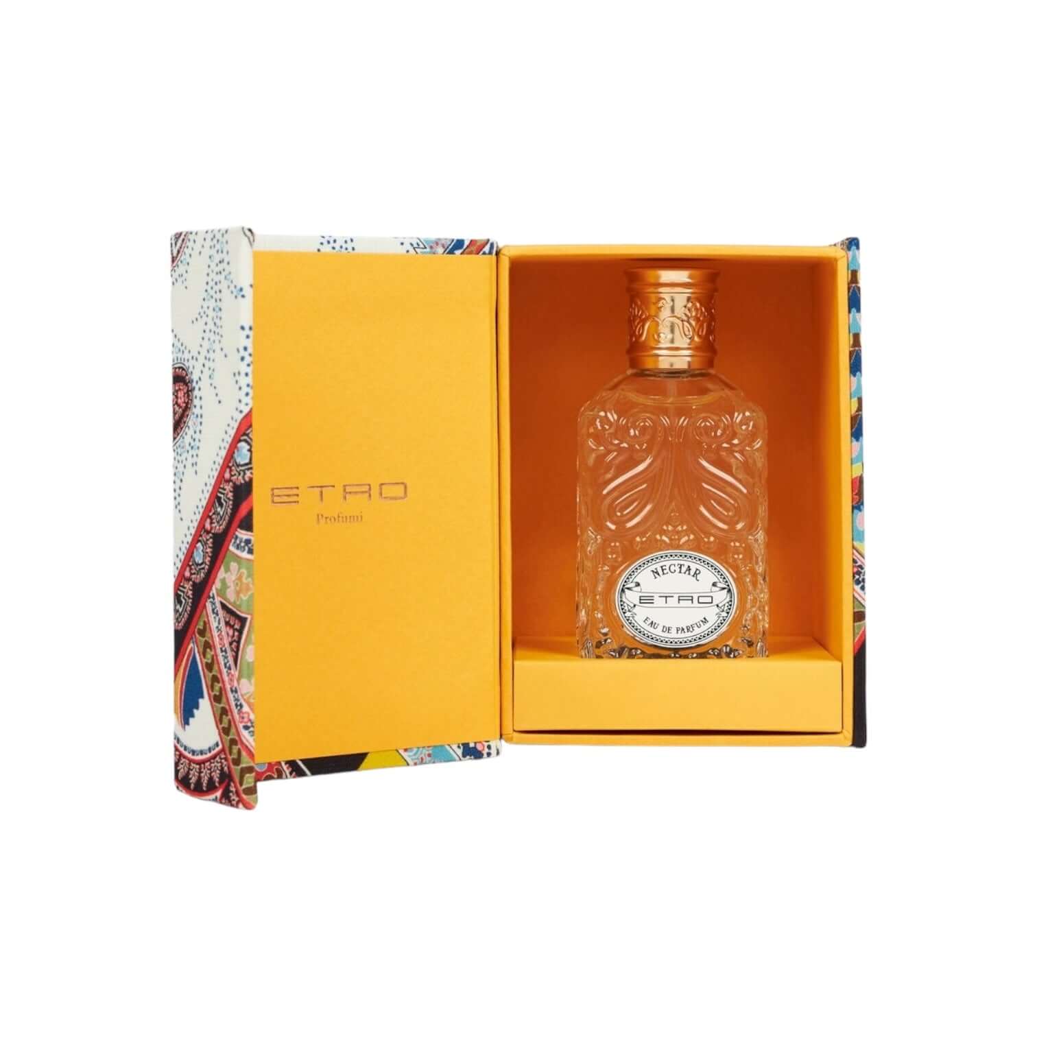 Nectar Eau De Parfum by Etro, beautifully packaged in a vibrant yellow box, showcasing its elegant bottle design.
