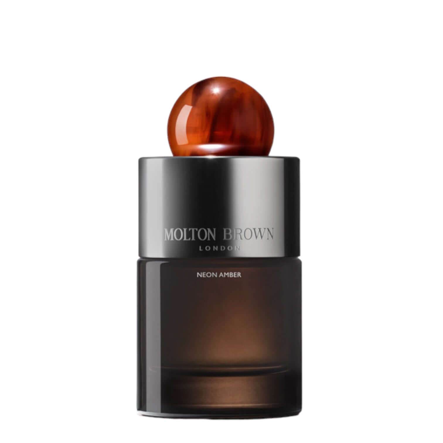 Molton Brown Neon Amber Eau De Parfum bottle featuring amber orb cap and elegant design.