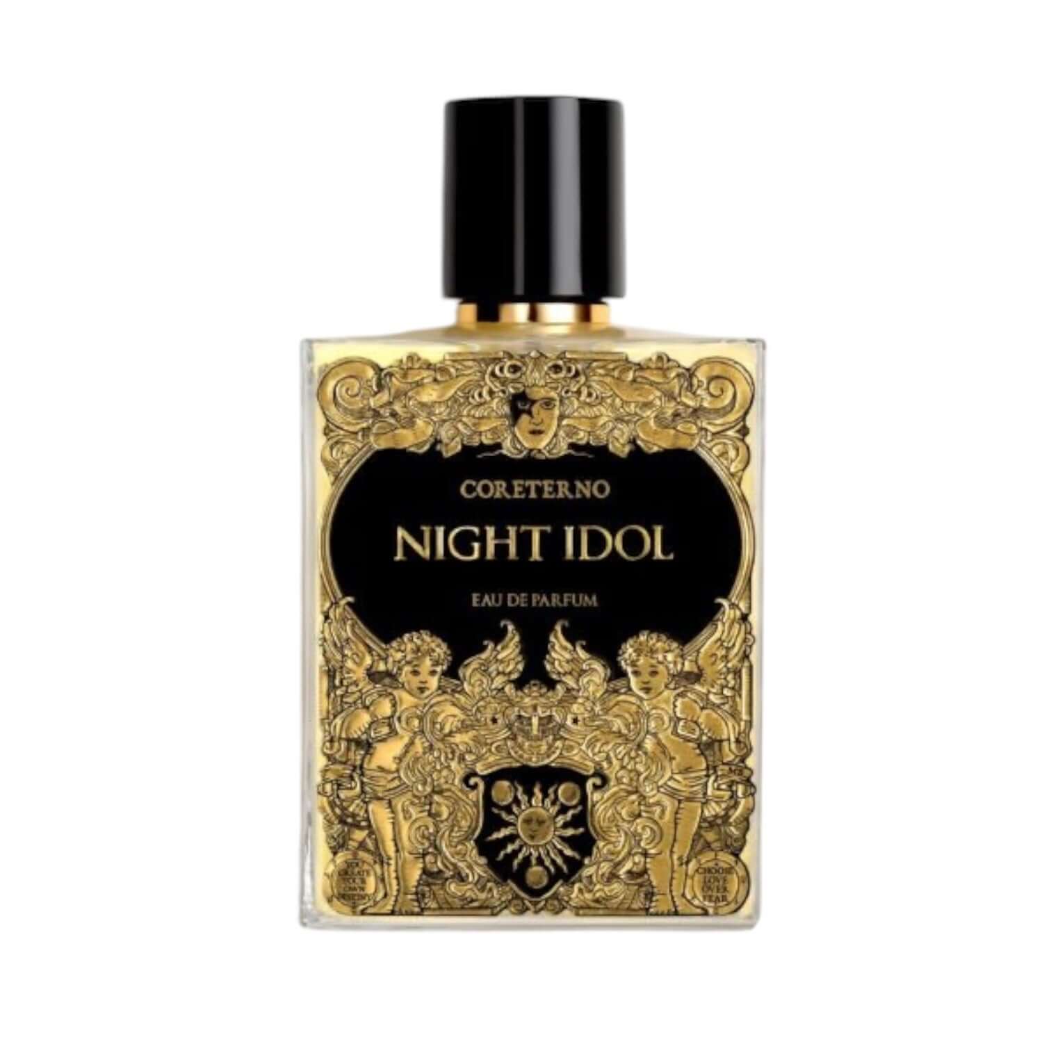 Night Idol Eau de Parfum bottle with ornate gold design and black cap, embodying unique sensual fragrance.