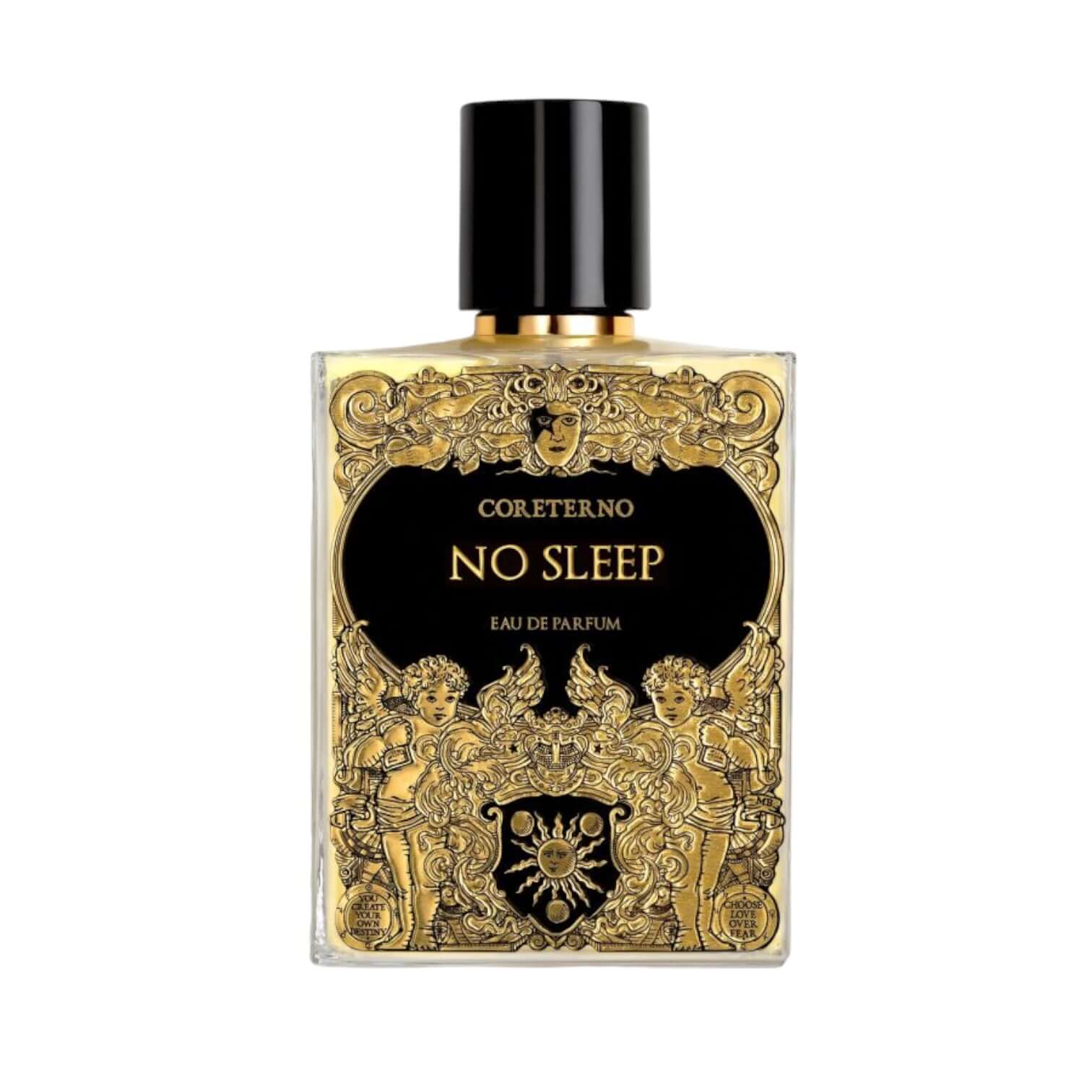 No Sleep Eau De Parfum bottle with ornate gold design and black cap, representing an exhilarating fragrance.