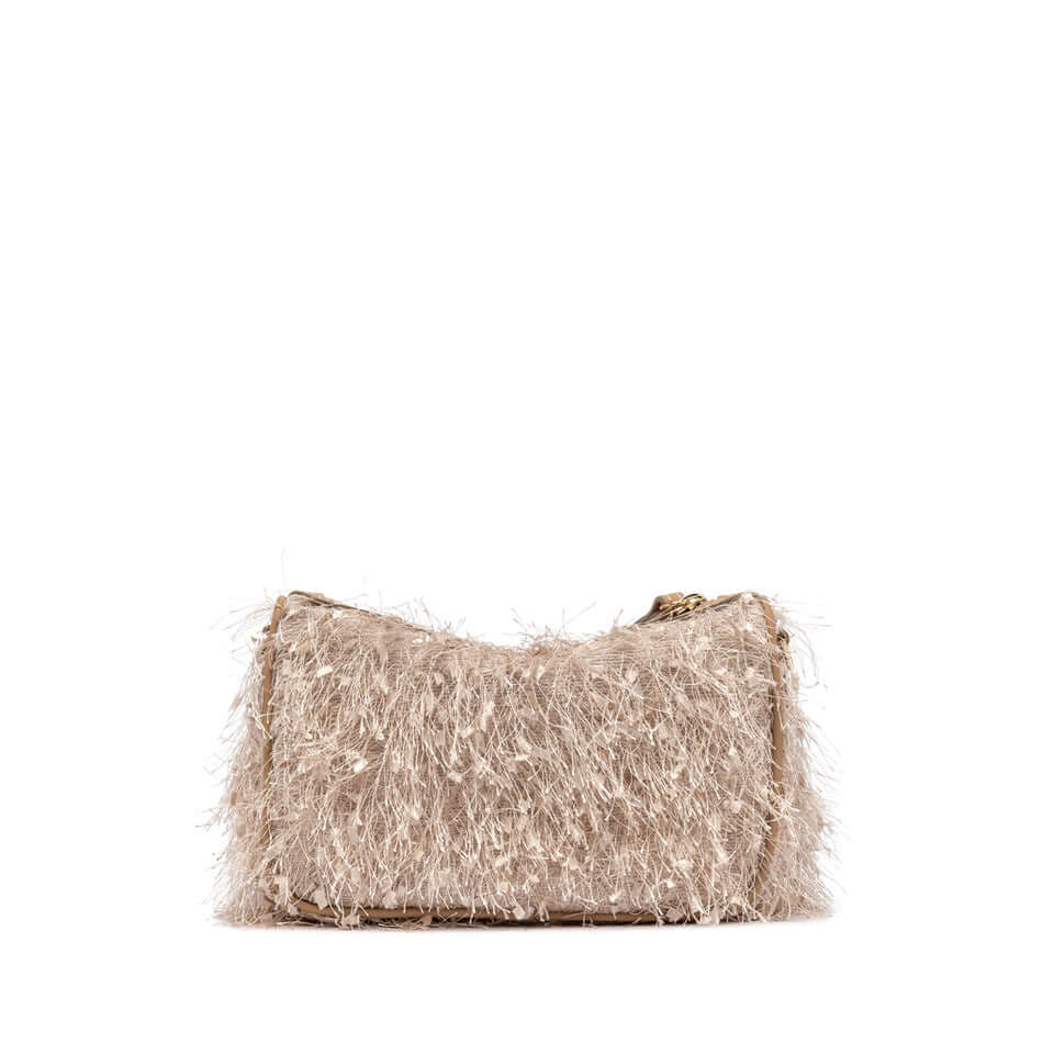 Nora Pouch by Gianni Chiarini Firenze, fringed fabric handbag with zipper closure, removable leather strap.