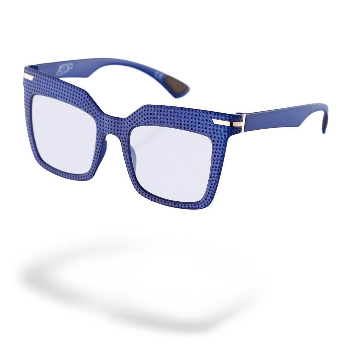 SILVIA C5 BIS – occhiali da sole blu lucido con texture geometrica della Collezione Flexo.