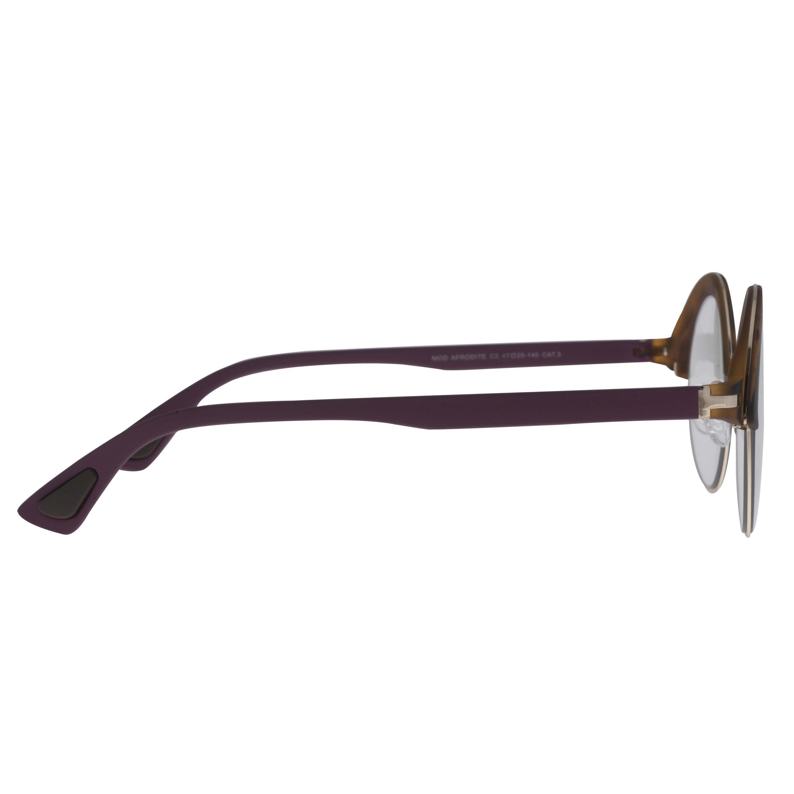 Afrodite C5 sunglasses side view showcasing elegant purple temples and classic havana-black front.