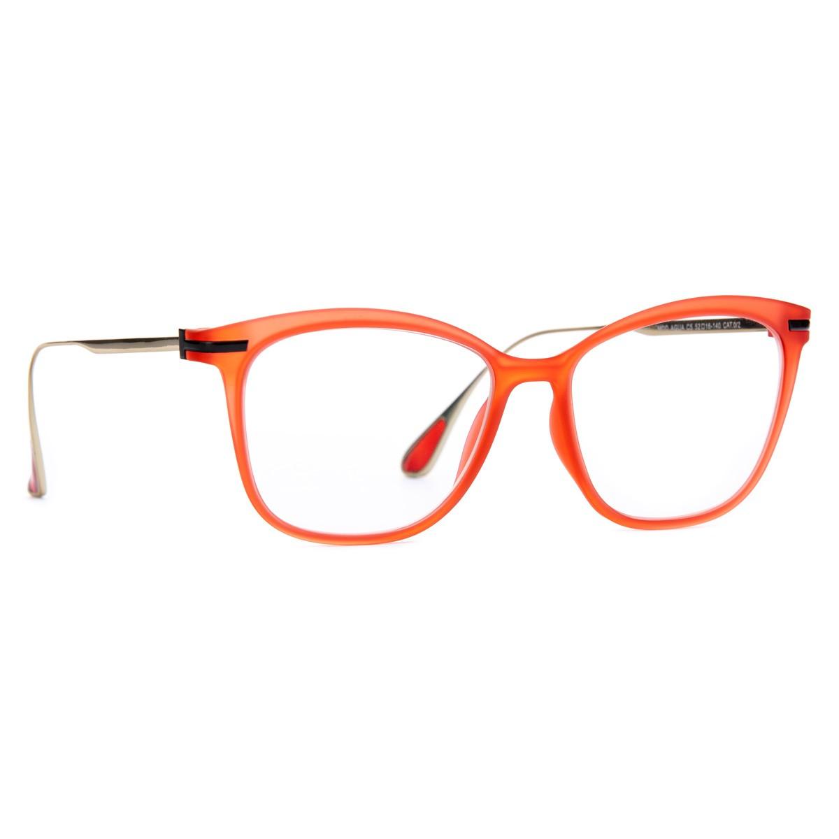 Occhiali AGUA C5 con montatura arancione, eleganza e design innovativo con aste in titanio.