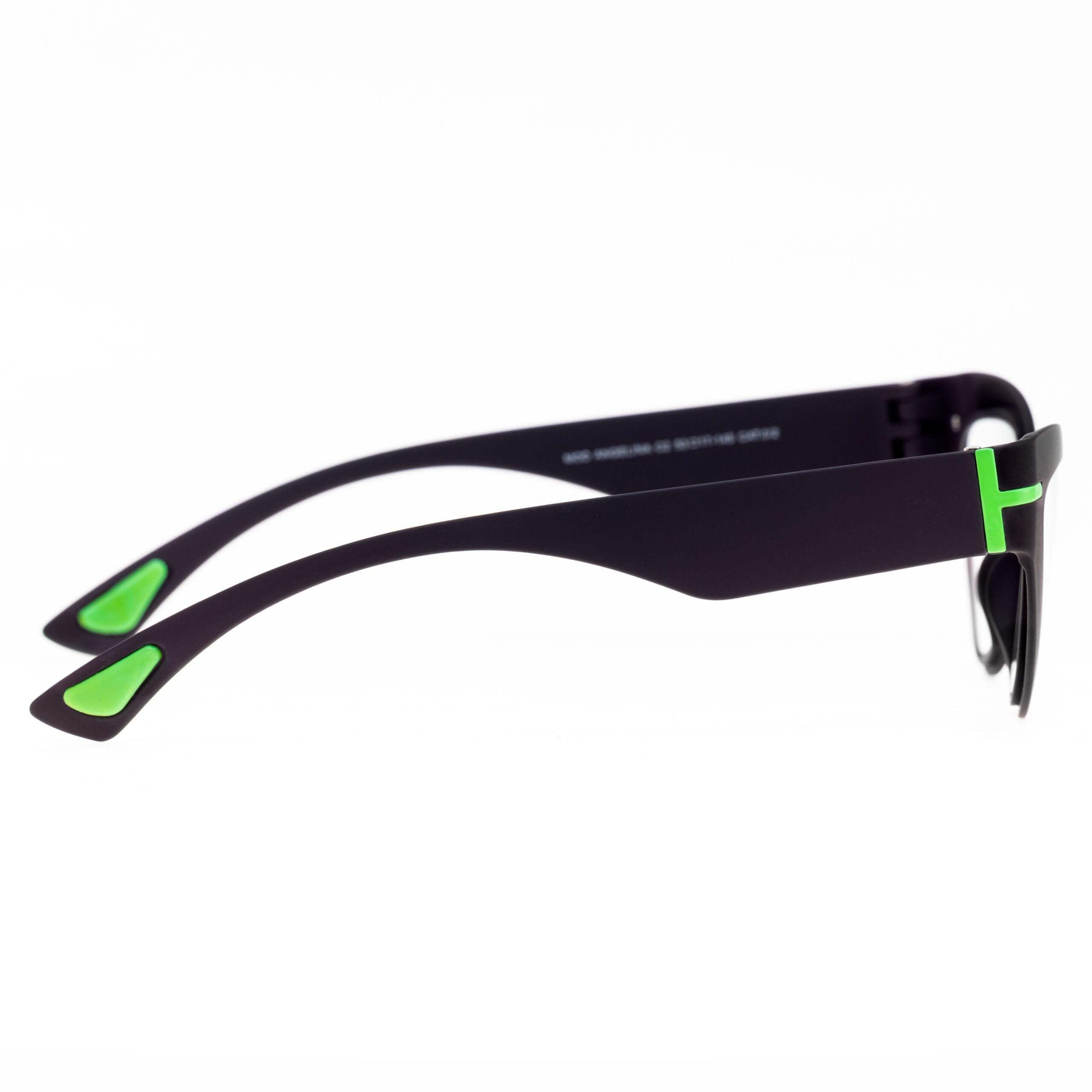 Lateral view of ANGELINA C2 glasses showcasing sleek design and vibrant green accents.