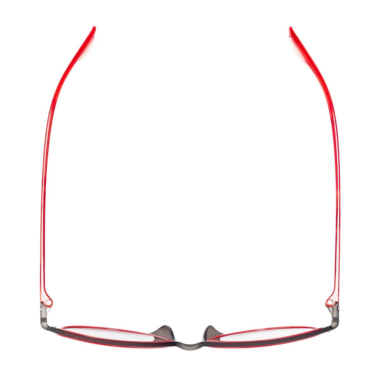 MARA C73 occhiali da sole donna con aste rosse e frontale grigio soft touch, stile originale e contemporaneo.