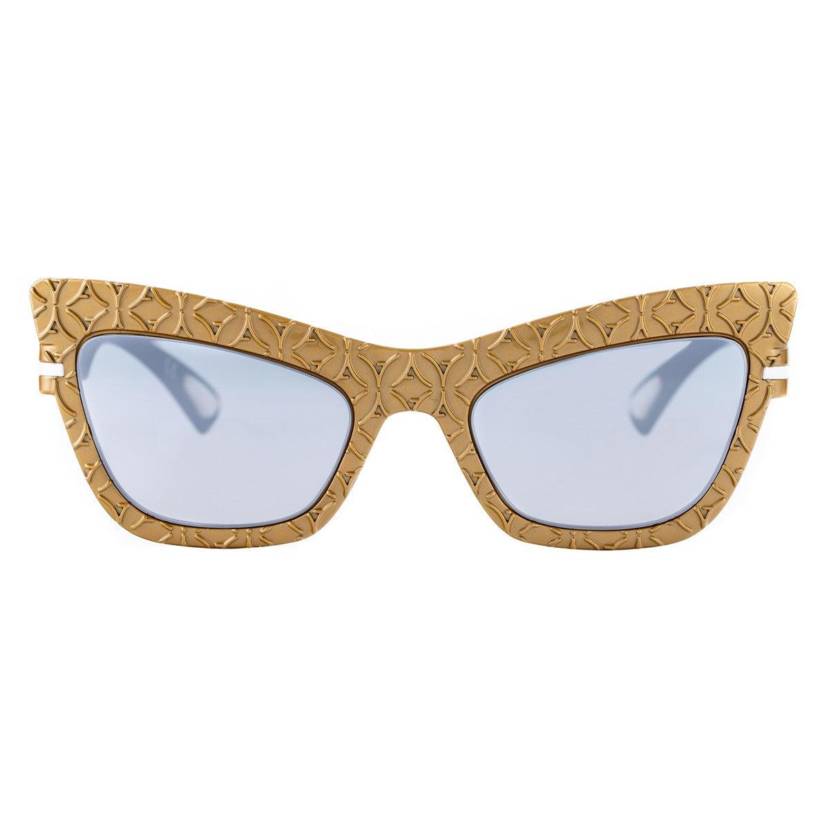 LOLA C7 BIS occhiali da sole con texture geometrica in oro e lenti blu, modello della collezione Texture.