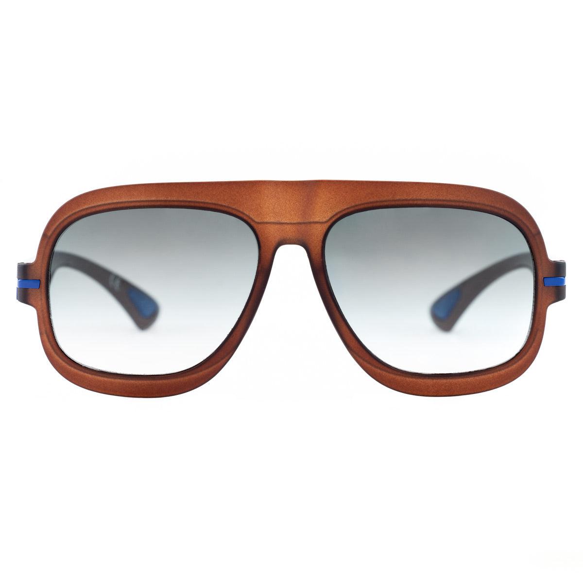 MARCELLO C701 occhiali da sole marroni con dettagli blu e lenti grigie, design originale e moderno.